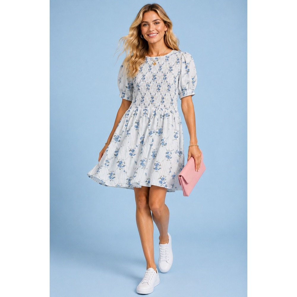 Old Navy NWT Blue Floral Striped Smocked Puff Sleeve Cottagecore Mini Dress - M